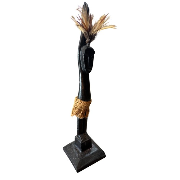 African Style Hand Carved Dark Wood Statue Thinking Man Pot Belly Feathers Twine - Picture 2 of 7
